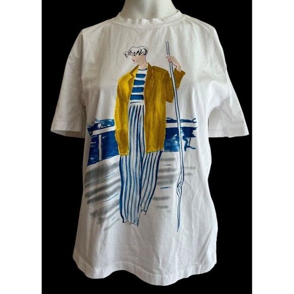 Zara Womens Small White Sleeveless T Shirt Lady on Boat on Water Beach Top - Picture 1 of 3